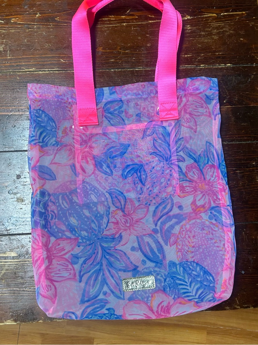 Lilly Pulitzer pink floral mesh tote bag with inside pocket